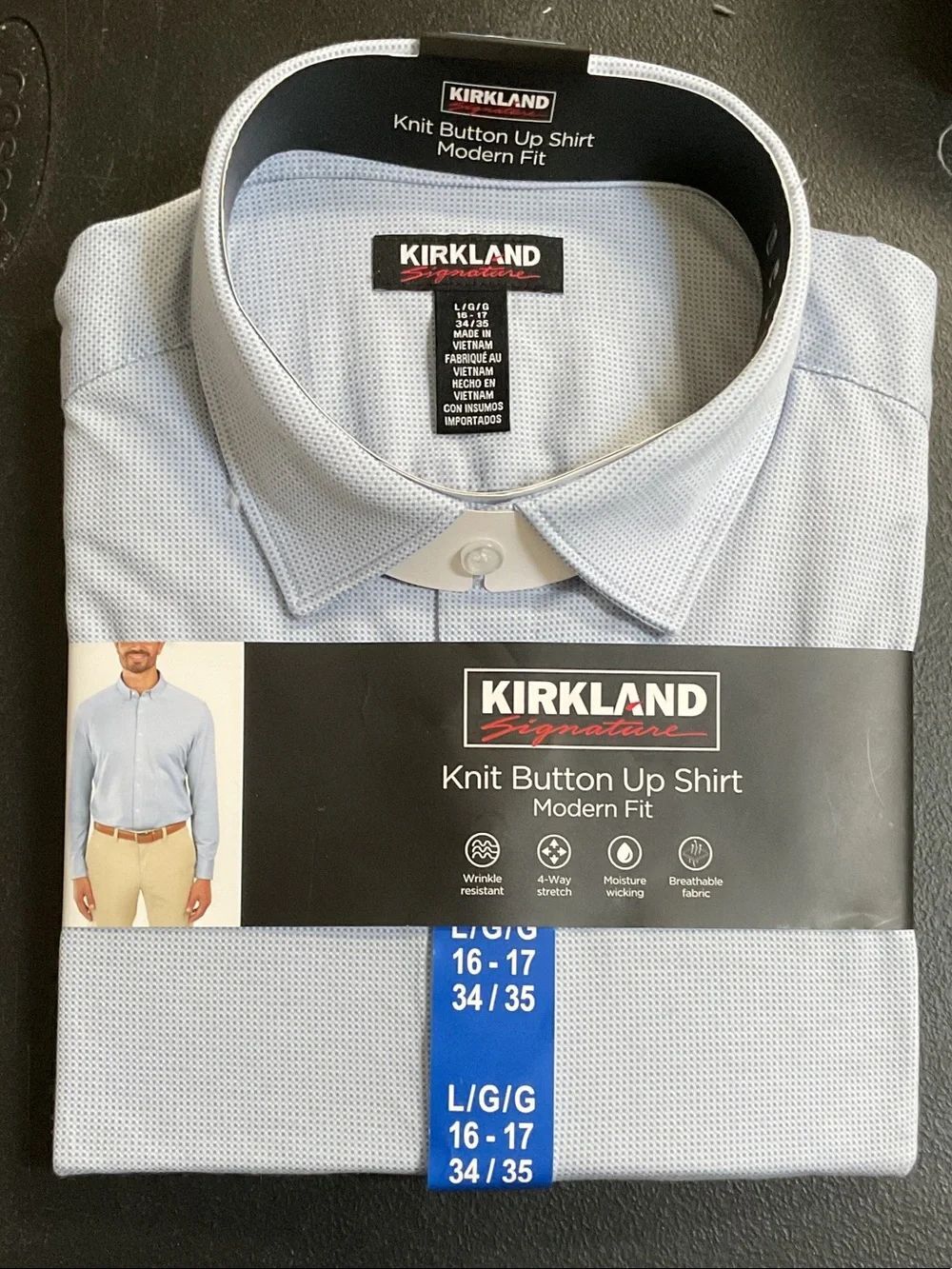 Kirkland Signature Light Blue Knit Button-Up Shirt - Modern Fit